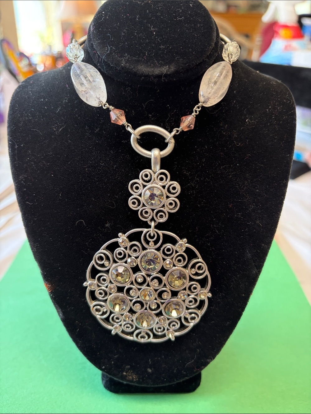 Silver-Tone Crystal Filigree Pendant Necklace - Clear and Smoke Stones